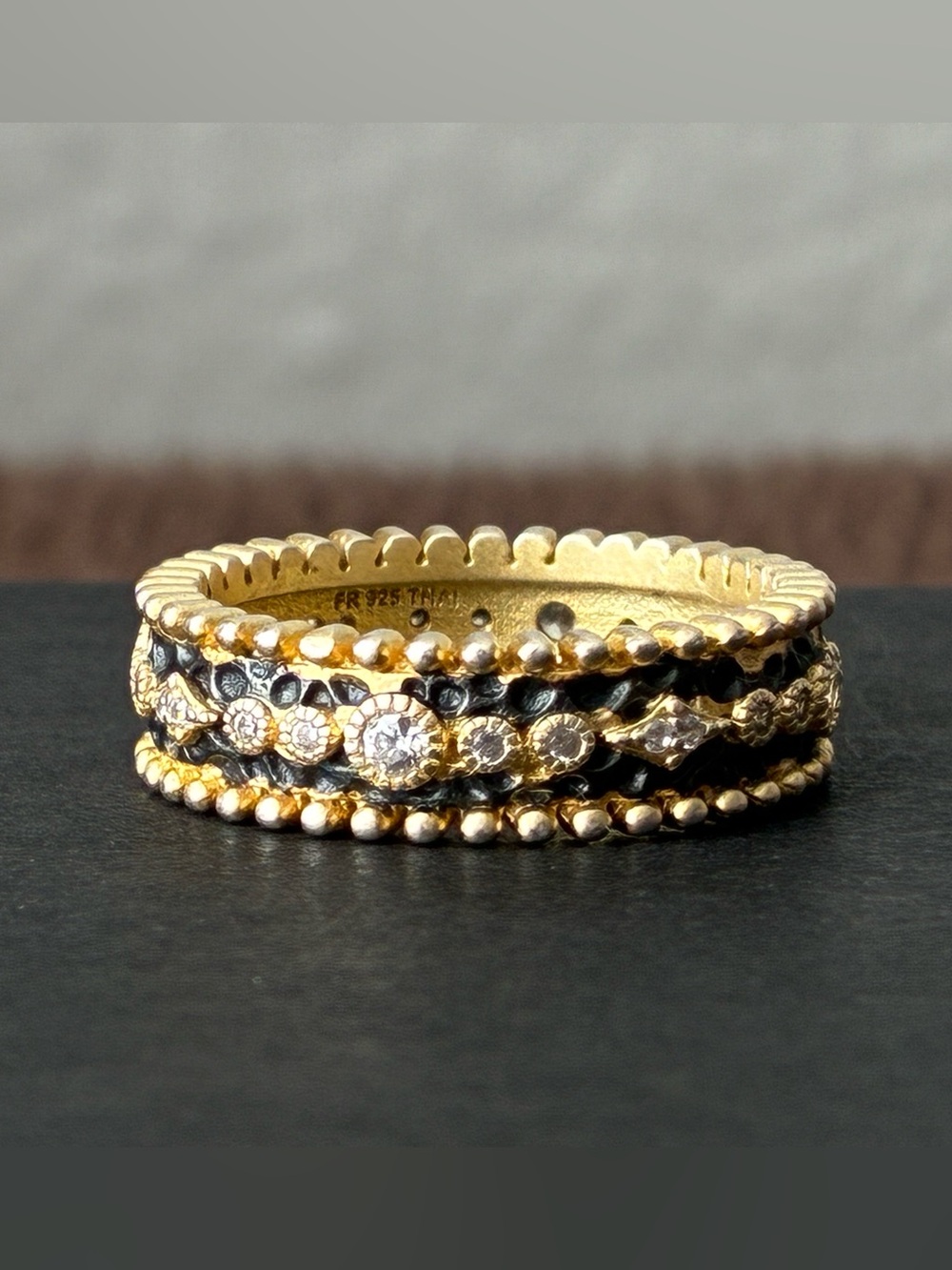 Freida Rothman Bezel Stack Ring Sz 7- Black and Gold